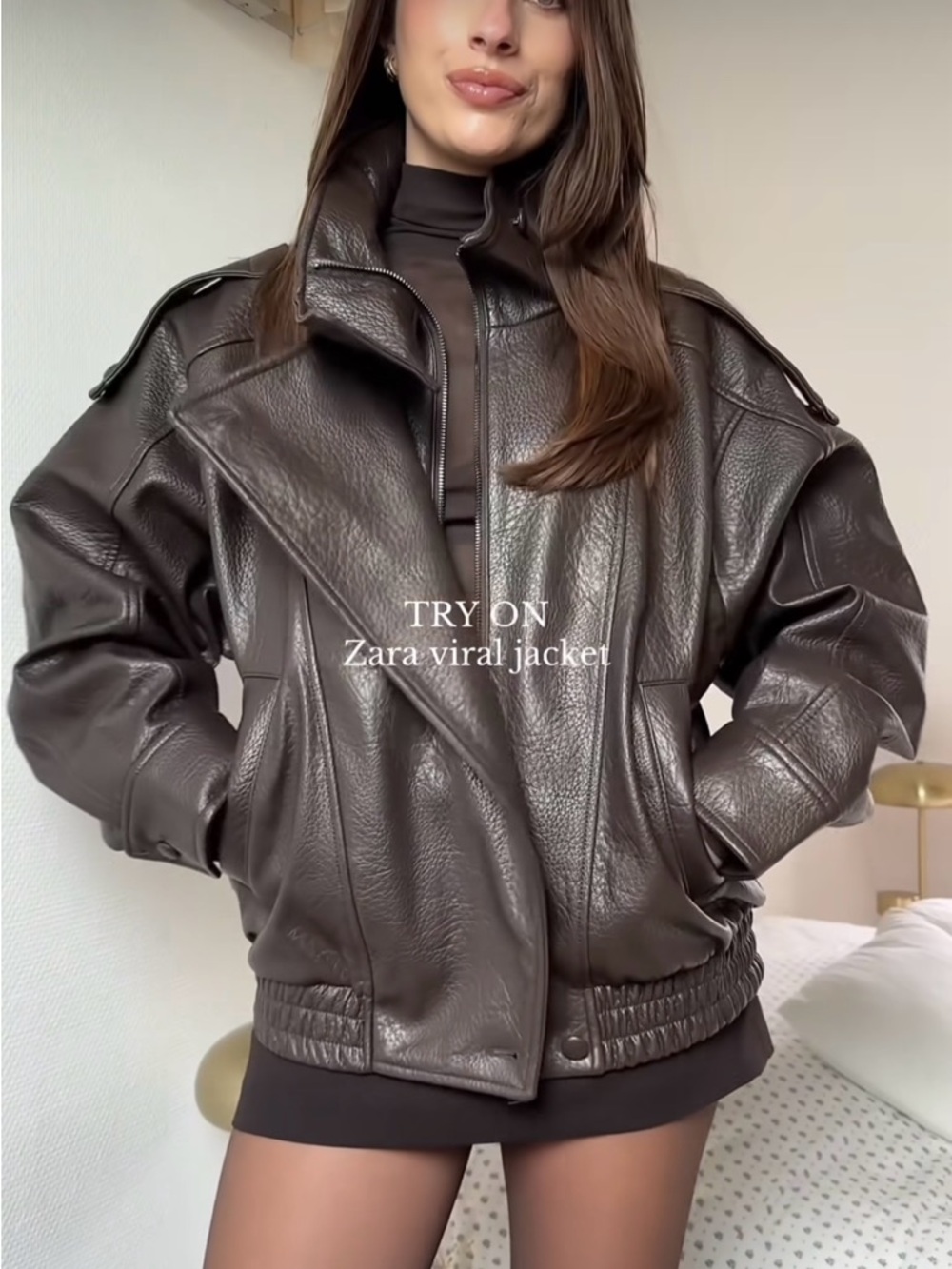 Viral! Zara Chocolate Brown Faux Leather Bomber Jacket